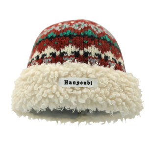 复古费尔岛提花毛绒渔夫帽子女冬季大头围加厚保暖针织帽护耳盆帽