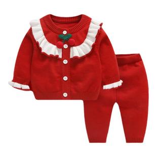 婴儿套装冬装宝宝毛衣外套加绒加厚冬季女童红色喜庆新年拜冬年服