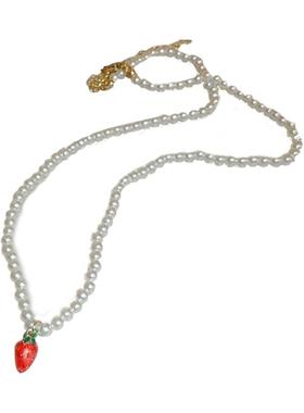可爱立体红草莓吊坠珍珠锁骨链