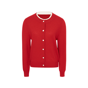 JESSIE红色气质百搭绵羊毛针织开衫女秋季新装修身极简风毛衣