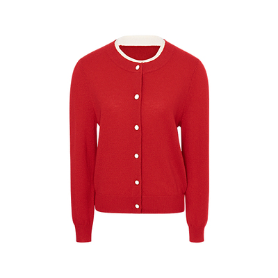 JESSIE红色气质百搭绵羊毛针织开衫女秋季新装修身极简风毛衣