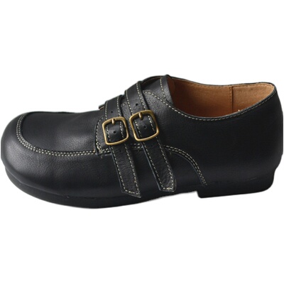 真皮英伦小皮鞋头层牛皮大头鞋宽松工作鞋双一字扣复古丑外贸女鞋