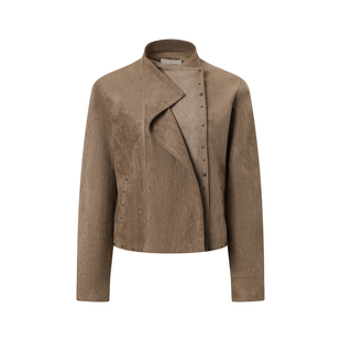 in modo diverso 原创设计重工撞钉荡领斜门襟环保麂皮夹克外套女