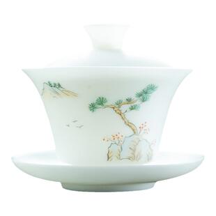 钰铨龙门 德化羊脂玉瓷素烧手绘山水马蹄盖碗高档白瓷单个泡茶碗