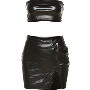 SylCue辣妹风抹胸背心短裙两件套女酷飒纯欲PU皮性感裙子时尚套装