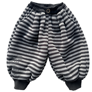 男童加绒裤子条纹宝宝灯笼裤2025新款冬季加厚儿童哈伦裤韩版童装
