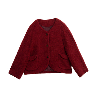 忘城A1114座/枫红如焰/冬季新款绵羊毛圈圈纱毛呢短外套仿羊羔绒