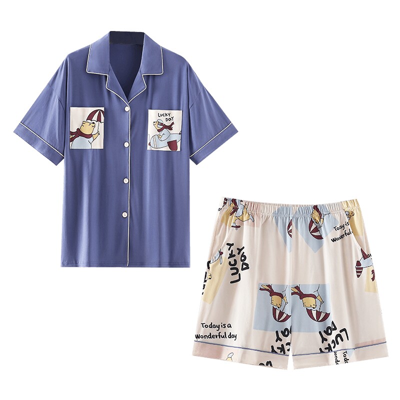 秋鹿夏款夏季开衫纯棉短袖短裤翻领卡通少女学生睡衣潮流家居服女