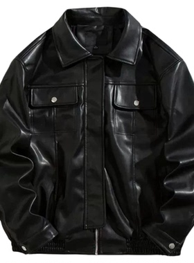 男翻领宽松机车皮衣外套