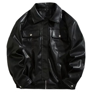Men's lapel motorcycle leather jacket 男翻领宽松机车皮衣外套