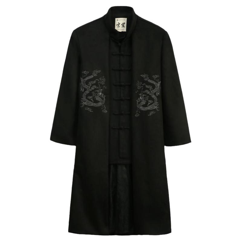 秋冬新款唐装男中国风男装双龙刺绣假两件外套男士中长款毛呢大衣