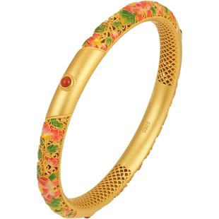 花叶相随银鎏金手镯非遗花丝镂空珐琅芙蓉南红新中式国风纯银手环