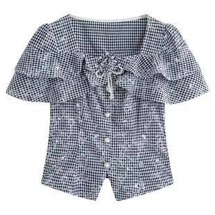 FEXATA斐格思2026夏季新品减龄黑白格子印花方领荷叶袖短款衬衫女