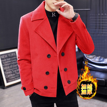 红色外套加绒加厚 冬季 短款 韩版 修身 潮流帅气呢子风衣 毛呢大衣男士