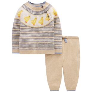 代购MiniBoden宝宝针织套装 26春秋婴儿燕麦色小鸡毛衣裤子 0-3岁