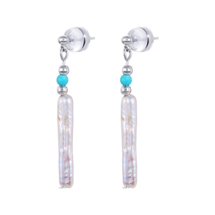 天然巴洛克牙签真珍珠耳环女纯银耳钉长条耳坠绿松石秋冬独特耳饰