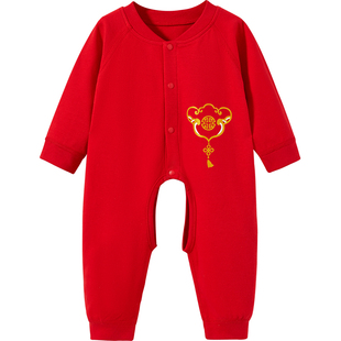 婴儿连体衣春秋冬红色拜年新生男女纯棉打底开档薄款满月宝宝衣服