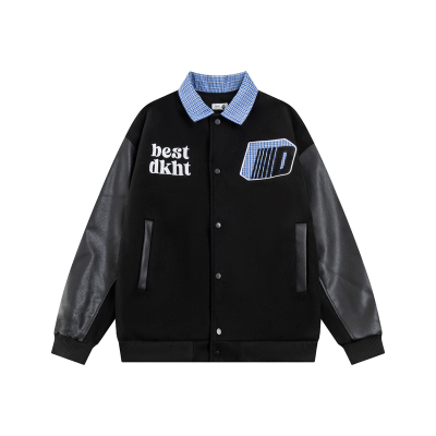 美式复古格子翻领棒球服外套