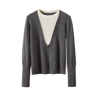 春竹100%羊毛春季新款圆领慵懒风假两件减龄厚款保暖长袖女羊毛衫