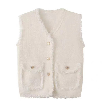 单排扣小香风短款V领针织马甲女