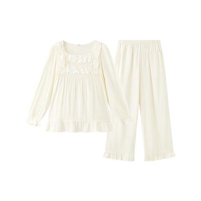 三福女春季田园风方领睡衣套装 甜美花边柔软宽松家居服514895