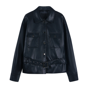 辰米范【现货7折】酷飒风翻领皮衣外套女高级感腰带pu皮夹克秋冬