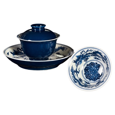 霁蓝明龙宝相花盖碗套组