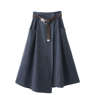 秋冬简约纯色腰带条绒学院口袋不规则工装显瘦a字裙伞裙半身裙子