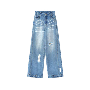 STN辣妹港风复古高腰破洞阔腿裤女2025新款浅蓝色百搭直筒牛仔裤