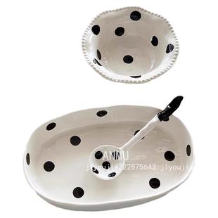 安木良品 大厂订单 日式ins风波点手捏质感陶瓷沙拉碗鱼盘椭圆碗