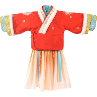 乌扣.福临 女童汉服冬季款儿童中国风冬装襦裙加厚保暖套装拜年服