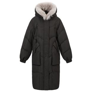 热风中长款加厚羽绒服冬季新款保暖黑色连帽毛领羽绒服女