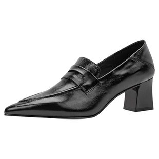 奥莱Nine West/玖熙尖头乐福鞋女高跟鞋粗跟单鞋百搭小皮鞋
