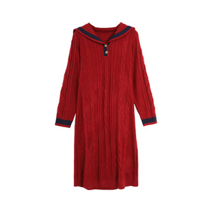 西町村屋连衣裙女冬新款学院风复古撞色OP纽花针织长裙AD8501001