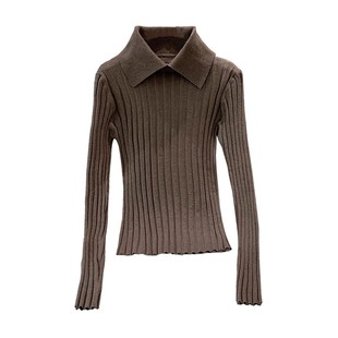 春秋冬季长袖针织衫POLO衫娃娃领毛衣百搭修身显瘦黑色洋气上衣