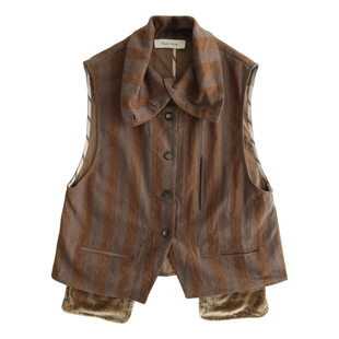 堆堆领~拼接丝绒口袋复古条纹亚麻马甲 InchLim 2025秋冬