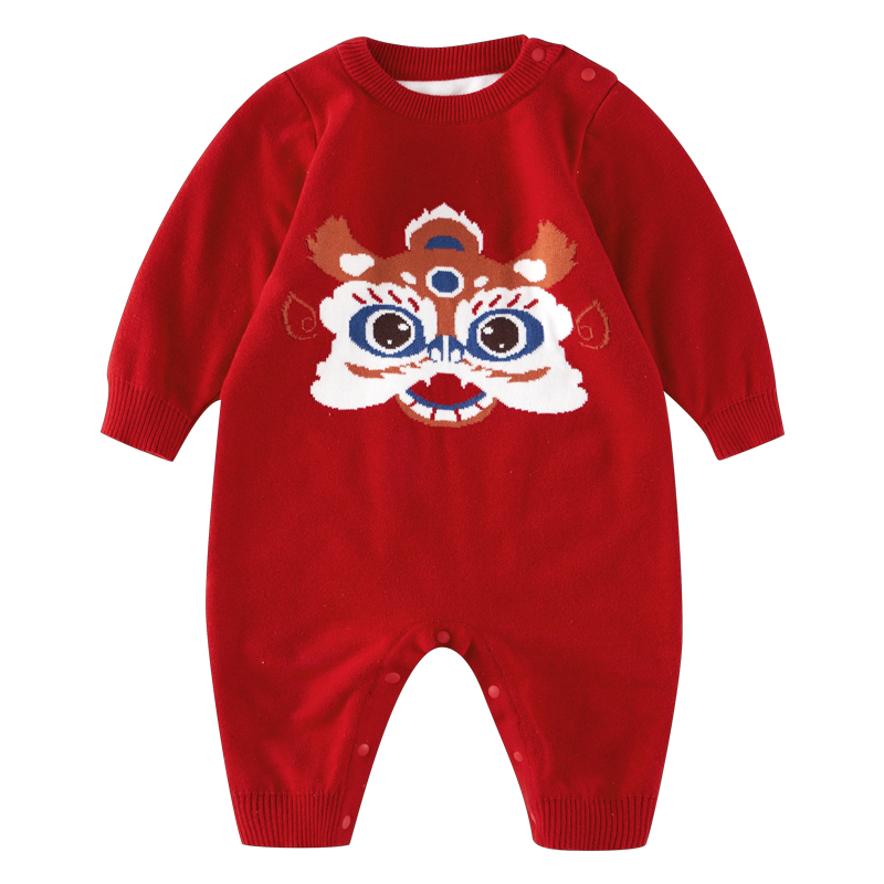 欧孕婴儿秋冬衣服宝宝针织连体加绒拜年服红色喜庆哈衣蛇年爬爬服