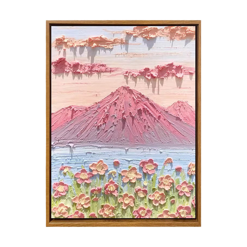 奶油风富士山樱花风景肌理画DIY