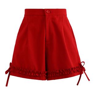 森女部落甜美风红色显白高腰休闲裤女2026新款花边拼接百搭短裤夏
