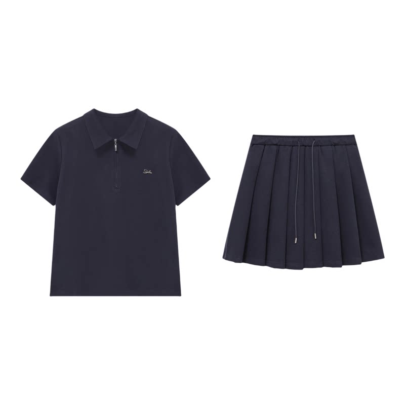 Basic House/百家好半拉链短袖T恤女2026夏学院风百褶半裙两件套