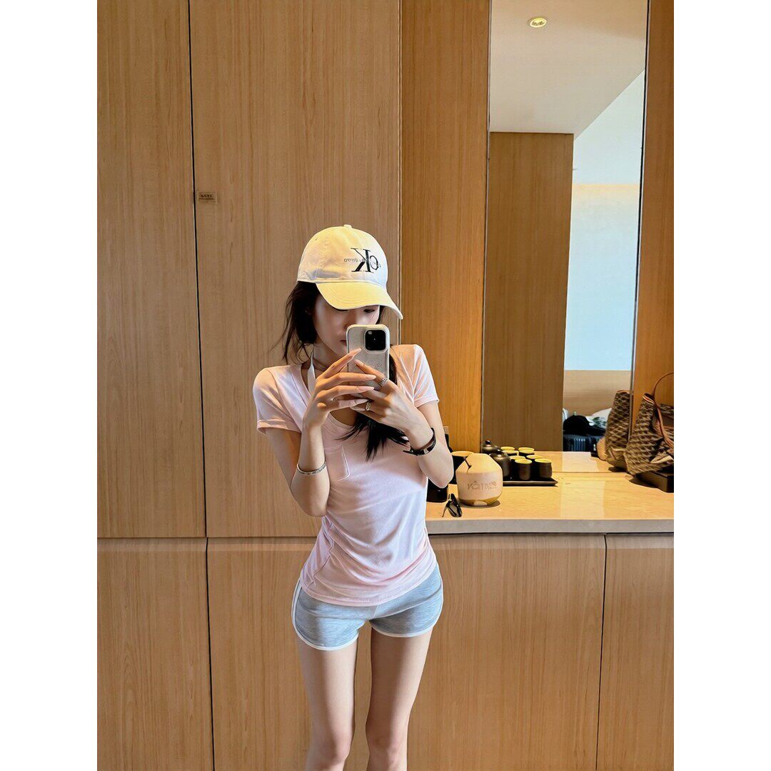 纯欲风口袋大u领短袖正肩T恤女夏季新款收腰显瘦内搭粉色百搭上衣