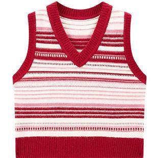 【商场同款】乐町红色条纹V领针织背心女秋冬新年毛衣C1EFF1227*