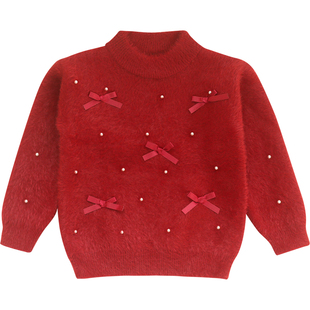 女童水貂绒毛衣红色儿童针织毛衫小女孩白上衣洋气加绒打底衫冬装
