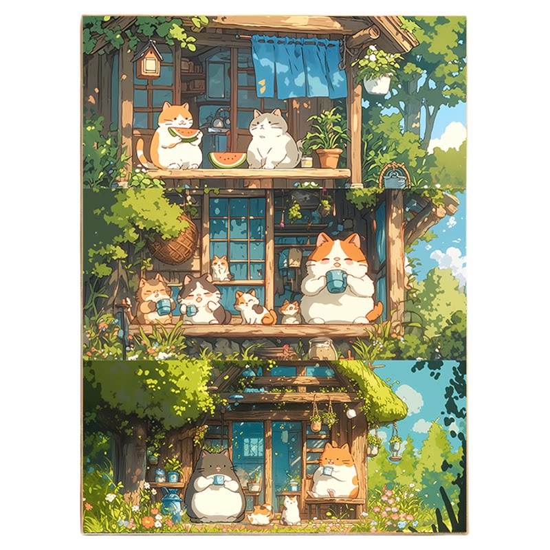 夏日时光风景卡通猫咪装饰画治愈