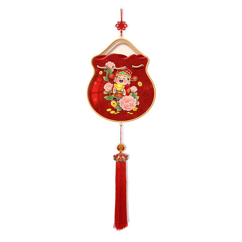 钱袋财神爷客厅装饰画新中式福袋电视背景墙挂画铜葫芦五帝钱流苏