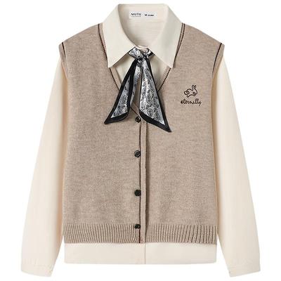 慕兔刺绣针织背心马甲长袖衬衫