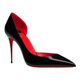红镜高跟鞋红底露脚趾缝侧空浅口性感职业黑色漆皮真皮尖头细跟