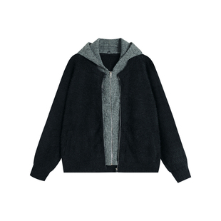 ATRY仿貂毛假两件外套男潮牌美式复古休闲设计感连帽拉链毛衣开衫