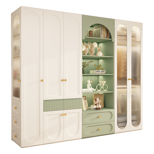 法式奶油风衣柜家用卧室加高玻璃门柜子欧松板实木一门到顶大衣橱