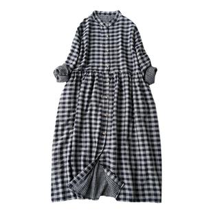 文艺女装春秋舒适双层棉纱立领全开扣长袖连衣裙宽松百搭格子长裙